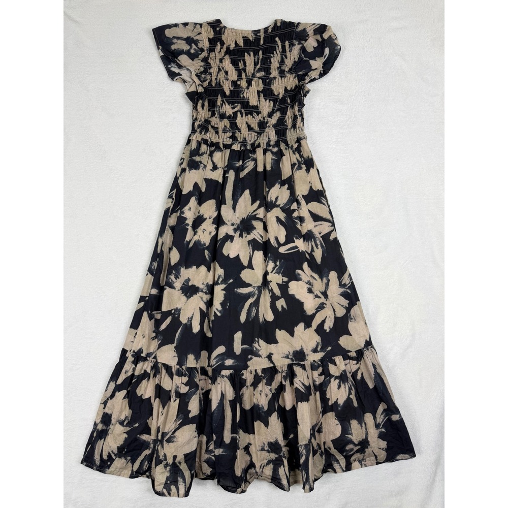 Rails Clementine Dress Black Tan Floral Smocked V-Neck Midi Flutter Sleeve Small